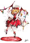  1girl aktkdanceanddive ascot black_ascot blonde_hair blood blood_splatter crystal_wings dress flandre_scarlet full_body hat hat_ribbon highres mob_cap open_mouth pool_of_blood red_dress red_eyes red_ribbon ribbon solo touhou 