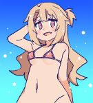  1girl :d arm_behind_head arm_up bare_arms bare_shoulders bikini bikini_top_only blue_background blush breasts commentary dot_nose fang gradient_background groin hair_between_eyes hair_ornament hairclip light_brown_hair long_hair looking_at_viewer navel nekotoufu one_side_up open_mouth original out-of-frame_censoring red_eyes simple_background small_breasts smile solo string_bikini swimsuit upper_body 