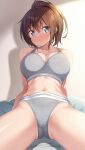  1girl amasawa_chigusa bare_arms bare_shoulders blue_eyes blush bra breasts brown_hair calvin_klein grey_bra grey_panties hair_between_eyes highres kazuma_(kazumav) large_breasts looking_at_viewer navel nose_blush original panties ponytail solo sweat underwear underwear_only 