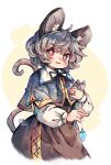  1girl ahoge animal animal_ears artist_name black_dress blue_capelet blush capelet dress grey_hair highres jewelry long_sleeves mame_komari mouse mouse_ears mouse_tail nazrin open_mouth pendant red_eyes shirt short_hair signature smile solo tail touhou twitter_username white_shirt 