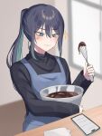  1girl absurdres ado_(utaite) apron black_hair black_sweater blue_apron blue_eyes blue_hair blush bowl cellphone chando_(ado) chocolate_making closed_mouth cloud_nine_inc colored_inner_hair commentary food food_on_face hair_between_eyes hashtag_only_commentary highres holding holding_bowl holding_whisk long_hair long_sleeves mole mole_under_eye multicolored_hair phone ponytail sidelocks smartphone solo sparkle sweater tsukuno_tsuki utaite whisk 