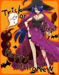  adiane blue_hair breasts broom cleavage corset dress eyepatch fishnets ghost halloween happy_halloween hat high_heels highres lipstick makeup medium_breasts neko_yuuko orange_background red_eyes shoes tattoo tengen_toppa_gurren_lagann thighhighs trick_or_treat viral witch witch_hat 