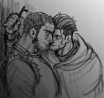  2boys bara beard_stubble buzz_cut couple face-to-face facial_hair from_side golden_kamuy greyscale highres kabedon kasuke_(li_tgknk) loose_hair_strand male_focus mature_male monochrome multiple_boys ogata_hyakunosuke pectorals seductive_smile short_hair sketch smile stubble sweatdrop tanigaki_genjirou thick_eyebrows upper_body very_short_hair yaoi 