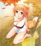  animal_ears autumn barefoot copyright_request fox_ears fox_tail hair_ribbon kokkoro leaf ribbon shikishi solo tail traditional_media 