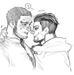  2boys ? bara beard_stubble bursting_pectorals buzz_cut couple evil_smile eye_contact facial_hair from_side golden_kamuy graphite_(medium) greyscale hand_on_another&#039;s_neck happy_aura highres kasuke_(li_tgknk) looking_at_another loose_hair_strand male_focus mature_male monochrome motion_lines multiple_boys muscular muscular_male ogata_hyakunosuke pectorals profile short_hair sketch smile spoken_question_mark stubble tanigaki_genjirou thick_eyebrows traditional_media translation_request very_short_hair yaoi 