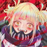  1girl black_mask black_scarf blonde_hair blood blunt_bangs blush boku_no_hero_academia chinese_commentary commentary_request double_bun eyelashes fangs gun hair_bun holding holding_gun holding_weapon looking_at_viewer mask mask_around_neck mioda_xi mouth_mask open_mouth red_background saliva scarf short_hair simple_background slit_pupils smile solo teeth teeth_print text_background toga_himiko upper_body watermark weapon weibo_logo weibo_username yellow_eyes 