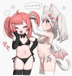  2girls absurdres animal_ear_fluff animal_ears bikini black_bikini black_choker black_gloves black_thighhighs blush bow_choker breasts cat_ears cat_girl cat_tail choker closed_eyes commentary cropped_legs demon_wings elbow_gloves extra_ears gloves hair_ornament hairclip hand_on_own_hip heart heart_hair_ornament highres low_wings medium_hair multiple_girls navel open_mouth original red_eyes red_hair side-tie_bikini_bottom small_breasts soda_(sod4) speech_bubble swimsuit tail teeth thighhighs translation_request twintails upper_teeth_only white_bikini white_choker white_gloves white_hair white_thighhighs wings 