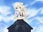  air artist_request blonde_hair blue_eyes day hair_ribbon kamio_misuzu long_hair ribbon school_uniform sky solo 