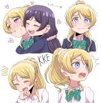  &amp;&amp; 2girls ayase_eli blonde_hair blue_eyes blue_jacket blush bow bowtie closed_mouth collared_shirt commentary furrowed_brow green_bow green_bowtie heart highres hug hug_from_behind jacket laughing long_hair long_sleeves looking_at_viewer love_live! love_live!_school_idol_project multiple_girls notice_lines open_mouth otonokizaka_school_uniform ponytail purple_hair school_uniform shirt sidelocks striped_bow striped_bowtie striped_clothes sweat tearing_up toujou_nozomi trembling twintails upper_body white_background white_shirt winter_uniform yuri 