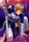  ahoge armor artoria_pendragon_(all) blonde_hair fate/stay_night fate_(series) green_eyes highres mimura_kaoru one_knee saber solo sword torn_clothes weapon 