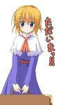  alice_margatroid blonde_hair blue_dress blue_eyes blush capelet dress exe_(xe) holding long_sleeves looking_at_viewer necktie red_neckwear short_hair simple_background smile solo suitcase touhou translated white_background white_capelet 