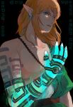  1boy aqua_skin archaic_set_(zelda) arm_tattoo aura bare_shoulders belt black_nails blonde_hair blue_eyes body_markings brown_hair collarbone colored_extremities colored_skin earrings floating_hair glowing glowing_hand green_tunic hand_up highres jewelry link long_hair male_focus multicolored_skin multiple_rings nail_polish no_nipples pointy_ears ring rope short_sleeves so_far_69 solo tattoo the_legend_of_zelda the_legend_of_zelda:_breath_of_the_wild toga upper_body white_nails 