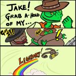 anthro brown_body bullet chameleon clothing coiling coiling_another coiling_around_body comic darkpenguin dialogue duo exclamation_point feral fist flying gesture green_body hat headgear headwear holding_another lizard male meme muffled open_mouth orange_eyes pit_viper pointing rainbow rango rango_(movie) rattlesnake rattlesnake_jake reptile riding scalie serious size_difference smile snake surprise surprised_expression tongue tongue_out viper yellow_eyes