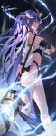  1girl bare_shoulders black_background breasts covered_navel detached_collar detached_sleeves hair_ornament highres holding holding_staff horns large_breasts leotard long_hair looking_to_the_side luenar original purple_hair red_eyes revealing_clothes simple_background solo staff thighhighs twintails white_thighhighs wrist_guards 