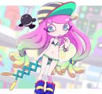  1girl bangle baseball_cap bikini black_bikini blue_footwear blush boots bracelet breasts clownfish fish frilled_bikini frills gradient_hair green_eyes green_hair harmony&#039;s_clownfish_(splatoon) harmony_(splatoon) hat jewelry long_hair looking_at_viewer low-tied_long_hair micro_bikini multicolored_hair navel nollety open_mouth pink_hair small_breasts splatoon_(series) splatoon_3 standing stomach striped_clothes striped_headwear swimsuit tentacle_hair thighs tropical_fish 