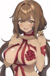  1girl bare_shoulders breasts brown_eyes brown_hair commission dark-skinned_female dark_skin fang hair_ornament hair_scrunchie highres indie_virtual_youtuber large_breasts leaf_hair_ornament long_hair naked_ribbon neck_ribbon open_mouth red_ribbon ribbon rora_(vtuber) scrunchie solo twintails upper_body virtual_youtuber y_uunaa yellow_scrunchie 