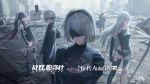  2b_(nier:automata) 2boys 3girls 9s_(nier:automata) a2_(nier:automata) bare_shoulders black_hair blindfold blonde_hair breasts character_request copyright_name crossover floating hairband highres logo long_hair lucia_(punishing:_gray_raven) multiple_boys multiple_girls nier:automata nier_(series) official_art outdoors pod_(nier:automata) punishing:_gray_raven red_eyes ruins second-party_source shadow white_hair 