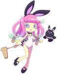  1girl animal_ears bangle black_bow black_bowtie black_footwear blue_eyes blush_stickers bow bowtie bracelet breasts clownfish fake_animal_ears fish full_body gradient_hair green_hair groin harmony&#039;s_clownfish_(splatoon) harmony_(splatoon) jewelry legs leotard long_hair low-tied_long_hair mallet multicolored_hair nollety open_mouth pink_hair playboy_bunny polka_dot_leotard rabbit_ears shoes small_breasts splatoon_(series) splatoon_3 standing strapless strapless_leotard tentacle_hair thighs tropical_fish white_leotard 