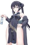  1girl bare_legs black_hair blue_archive bottle butterfly_hair_ornament china_dress chinese_clothes commentary_request cxxxl double_bun dress grey_eyes hair_bun hair_ornament hand_on_own_hip highres holding holding_bottle jacket kisaki_(blue_archive) long_hair looking_at_viewer open_mouth pelvic_curtain sleeveless sleeveless_dress striped_clothes striped_jacket twintails white_background 