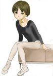  ballet ballet_slippers bob_cut brown_eyes brown_hair kande_takuma leotard ottoman pantyhose short_hair sitting solo white_legwear 