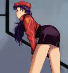  1girl absurdres ass ass_focus closed_mouth highres jacket jed_(jedzem) katsuragi_misato light_smile neon_genesis_evangelion purple_hair red_headwear red_jacket solo 