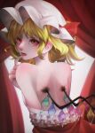  1girl backless_dress backless_outfit blonde_hair cowboy_shot crystal_wings dress flandre_scarlet from_behind hair_ribbon hat highres mob_cap nasu1225 open_mouth red_eyes red_ribbon ribbon solo topless touhou 