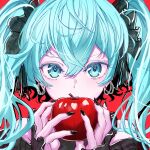  absurdres apple aqua_eyes aqua_hair black_nails chain_earrings close-up colored_eyelashes colored_skin ear_piercing fingernails food frilled_cuffs fruit hair_between_eyes hair_ribbon hatsune_miku highres holding holding_food holding_fruit imminent_bite long_fingernails looking_at_viewer messy_hair no_renor_en pale_skin piercing pink_skin red_apple red_background ribbon twintails vocaloid 