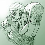  1girl ahoge artoria_pendragon_(all) bandages blouse emiya_shirou fate/stay_night fate_(series) green lowres monochrome raglan_sleeves ribbon saber scissors st_parasu younger 