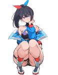  1girl bare_shoulders black_hair blue_eyes blue_jacket closed_mouth criss-cross_halter frown full_body gridman_universe hair_ribbon halterneck head_rest highres jacket long_hair long_sleeves looking_at_viewer multicolored_clothes multicolored_jacket off_shoulder official_alternate_costume official_alternate_hairstyle rakeemspoon ribbon sketch solo squatting ssss.gridman takarada_rikka thick_thighs thigh_strap thighs white_background 