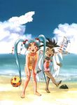  90s artist_request ball barefoot beach blue_hair casual_one-piece_swimsuit cloud crab crustacean day facial_mark fang forehead_mark freckles hair_bobbles hair_ornament happy highres long_hair masaki_sasami_jurai multiple_girls ocean one-piece_swimsuit outdoors personification pointy_ears red_eyes ryou-ouki ryou-ouki_(human) sand scan scan_artifacts spiked_hair swimsuit tenchi_muyou! twintails very_long_hair yellow_eyes 