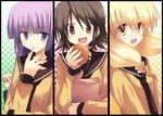  akane_souichi bad_id bad_pixiv_id blonde_hair brown_hair column_lineup food glasses happy hayama_teru long_hair multiple_girls nishikawa_youko odagiri_futaba pink_eyes purple_eyes purple_hair sansha_san'you school_uniform short_hair yellow_eyes 