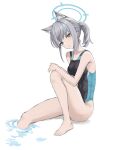  animal_ear_fluff animal_ears barefoot black_one-piece_swimsuit blue_archive blue_eyes breasts competition_swimsuit covered_navel cross_hair_ornament extra_ears full_body grey_hair hair_ornament halo highres jin_(7kijin) low_ponytail medium_breasts medium_hair mismatched_pupils multicolored_clothes multicolored_swimsuit official_alternate_costume one-piece_swimsuit shiroko_(blue_archive) shiroko_(swimsuit)_(blue_archive) simple_background sitting soaking_feet swimsuit white_background wolf_ears 