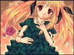  alternate_costume blonde_hair blush dress fate_testarossa flower green_dress layered_dress long_hair looking_at_viewer lyrical_nanoha mahou_shoujo_lyrical_nanoha puffy_short_sleeves puffy_sleeves red_eyes red_flower red_rose rose short_sleeves solo tareme yu_yu 