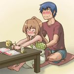  1girl aisaka_taiga barefoot blush breast_grab embarrassed flat_chest flat_chest_grab grabbing hetero lowres mittens oven_mitts table takasu_ryuuji toradora! yuuya_(yu-ya's) 