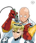  2boys :o bags_under_eyes bald blonde_hair bodysuit cable cape circuit closed_mouth constricted_pupils cutting_hair cyborg devovas earrings electric_razor genos gloves hairdressing jewelry jumpsuit multiple_boys nervous nervous_sweating one-punch_man open_skull red_gloves saitama_(one-punch_man) serious shaded_face shaving short_hair superhero sweat white_cape wide-eyed yellow_bodysuit yellow_jumpsuit you&#039;re_doing_it_wrong 