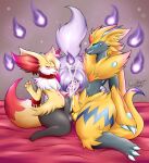 1:1 absurd_res alpha_channel anthro balls balls_touching bed_sheet bedding bedroom_eyes blush bodily_fluids braixen candle canid canine colored cum cum_drip cumshot cyber_comet digital_media_(artwork) dripping ejaculation eyes_closed fan_character fangs female fire foreskin fox frottage generation_6_pokemon generation_7_pokemon generation_9_pokemon genital_fluids genitals greavard group group_sex gynomorph hi_res intersex intersex/female intersex/male kiala_moon kneeling legendary_pokemon licking male male/female mammal narrowed_eyes navel nintendo oral pawpads paws penile penis penis_lick pokemon pokemon_(species) pulsar_(cyber_comet) purple_body red_eyes scarf scarlet_(scarlet_phox) seductive sex sitting tail teeth threesome tongue tongue_out trio waist_grab yellow_body yellow_tail zeraora