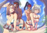  2boys 2girls ahegao all_fours animal_ears beach bikini bikini_skirt bikini_top_lift black_hair breast_tattoo breasts brown_hair cat_ears clenched_teeth clothes_lift dark-skinned_male dark_skin doggystyle english_commentary eunie_(xenoblade) glasses grey_hair head_wings highres large_breasts medium_breasts medium_hair mio_(xenoblade) multiple_boys multiple_girls noah_(xenoblade) one_breast_out one_eye_closed palm_tree ponytail revolverwing sex short_hair sun sunlight swimsuit taion_(xenoblade) tattoo tears teeth tongue tongue_out tree visor_cap wings xenoblade_chronicles_(series) xenoblade_chronicles_3 