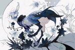  abstract_background animal_ears animal_focus bird_tail blue_flower claws creature feathers flower from_side full_body highres kamikiririp leaf no_humans original pawpads plant rabbit_ears red_eyes running solo tail whiskers 