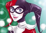  batman_(series) blue_eyes blush dc_comics domino_mask face harley_quinn hat hoshikuma_shaare jester jester_cap lips mask pom_pom_(clothes) smile solo upper_body 