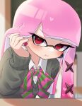  1girl amakusa_setoka blurry blurry_background blush bow bowtie commentary_request eyelashes green_bow green_bowtie heart highres indoors inkling_girl inkling_player_character long_hair looking_at_viewer pink_bow pink_bowtie pink_hair pointy_ears pout red_eyes solo splatoon_(series) tentacle_hair two-tone_bowtie v-shaped_eyebrows 