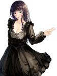  1girl absurdres amagami black_dress black_hair blue_eyes breasts cleavage collarbone commentary_request curly_hair dress drill_hair highres large_breasts long_dress long_hair long_sleeves looking_at_viewer morishima_haruka open_mouth shinshiya_san simple_background solo standing v white_background 