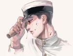  1boy adjusting_clothes adjusting_headwear black_eyes black_hair blending blood blood_on_face blood_splatter buzz_cut commentary_request empty_eyes expressionless golden_kamuy hammer hand_up hat highres holding holding_hammer jacket kepi looking_to_the_side male_focus military_hat military_uniform mole mole_on_cheek osakanaman_7 parted_lips profile short_hair simple_background solo turtleneck turtleneck_jacket uniform usami_tokishige very_short_hair white_background white_jacket 