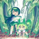  2girls :3 animal_ears arms_up ayakashi_(monkeypanch) blush_stickers book commentary_request debris double-parted_bangs glowing_book green_hair green_shorts green_skirt highres holding holding_book long_hair long_sleeves looking_at_viewer looking_up low_ponytail motion_blur multiple_girls neckerchief no_nose open_mouth plant pleated_skirt puffy_short_sleeves puffy_shorts puffy_sleeves red_neckerchief school_uniform serafuku shirt short_sleeves shorts skirt standing summoning suspender_shorts suspenders touhoku_zunko v-shaped_eyebrows very_long_hair voiceroid voicevox white_shirt yellow_eyes zundamon 