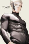  1boy black_bodysuit blonde_hair bodysuit brown_eyes covered_abs covered_navel large_pectorals looking_at_viewer m_gyakutai male_focus megido72 muscular muscular_male pectorals ronove_(megido72) short_hair simple_background solo translation_request upper_body 