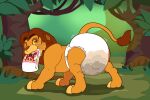 big_diaper clothed clothing diaper diaper_change_request diaper_only disney felid feral forest hi_res holding_diaper holding_object jungle lion looking_at_viewer looking_back looking_back_at_viewer male mammal mane object_in_mouth pantherine plant rear_view simba_(the_lion_king) solo the_lion_king topless touching_diaper tree underwear white_diaper yipthecoyotepup
