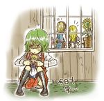  &gt;_&lt; alice_margatroid anger_vein bad_id bad_pixiv_id black_legwear blonde_hair bullying charin closed_eyes face_stretching flower_pot green_hair jealous kazami_yuuka kirisame_marisa kneehighs lowres multiple_girls plaid plaid_skirt plaid_vest plant potted_plant red_eyes shanghai_doll short_hair sitting skirt skirt_set touhou translated vest window 