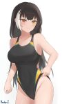  1girl black_hair black_one-piece_swimsuit blush breasts collarbone competition_swimsuit covered_navel cowboy_shot embarrassed english_commentary girls'_frontline heterochromia jewelry large_breasts long_hair looking_at_viewer multicolored_hair one-piece_swimsuit randgriz96 red_eyes ring ro635_(girls'_frontline) solo streaked_hair swimsuit twintails twitter_username two-tone_swimsuit wedding_ring yellow_eyes yellow_one-piece_swimsuit 