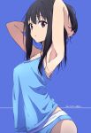  1girl armpits arms_up black_hair blue_background blue_panties blue_shirt brand_name_imitation calvin_klein commentary_request dated expressionless highres inoue_takina looking_at_viewer lycoris_recoil nii_manabu panties purple_eyes shirt sleeveless sleeveless_shirt solo underwear 