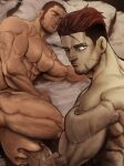  2boys abs afterglow alternate_body_hair bara beard_stubble buzz_cut chest_hair completely_nude convenient_leg couple facial_hair feet_out_of_frame foreshortening golden_kamuy highres kasuke_(li_tgknk) large_pectorals looking_at_viewer loose_hair_strand lying male_focus mature_male multiple_boys muscular muscular_male nude ogata_hyakunosuke on_bed on_side pectorals short_hair slit_pupils stubble tanigaki_genjirou thick_eyebrows thigh_grab toned toned_male very_short_hair yaoi 