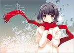  breath brown_eyes brown_hair coat gloves looking_at_viewer original red_gloves red_scarf scarf smile solo tokumi_yuiko upper_body watermark web_address 